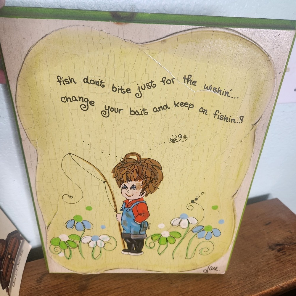 Vtg 70s Hand Painted Wall Plaque By Jan Fish Don't Bite For Wishin 11 X 14 MCM
